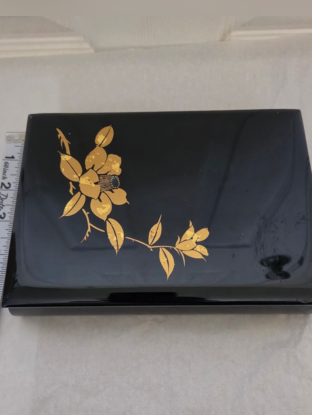Vintage Japanese Black Lacquer Floral Accent Box with Gold Flower Design